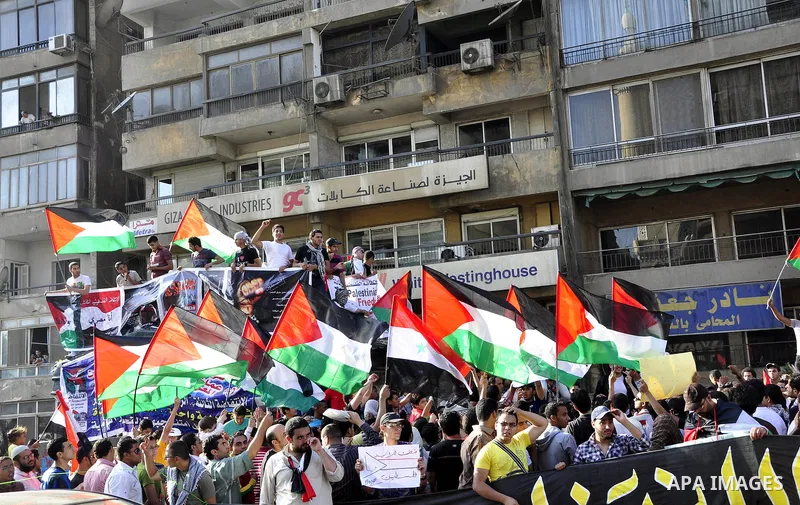 Egyptian protesters wave Palestinian flags and chant slogans outside the Israeli embassy in Cairo, Egypt, Friday, May 6, 2011, in support with Palestinians and against Israeli occupation. Photo by Ahmed Asad