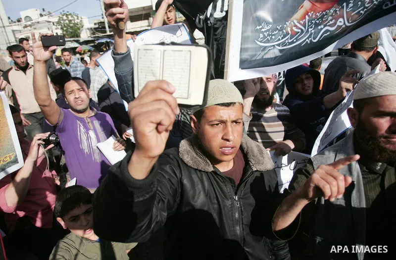 Palestinian Salafist groups shout slogans during a demonstration at Gaza central square, in Gaza city on May 7, 2011 to denounce the killing of late Al-Qaeda chief Osama bin Laden by US forces in Pakistan. Bin Laden was...