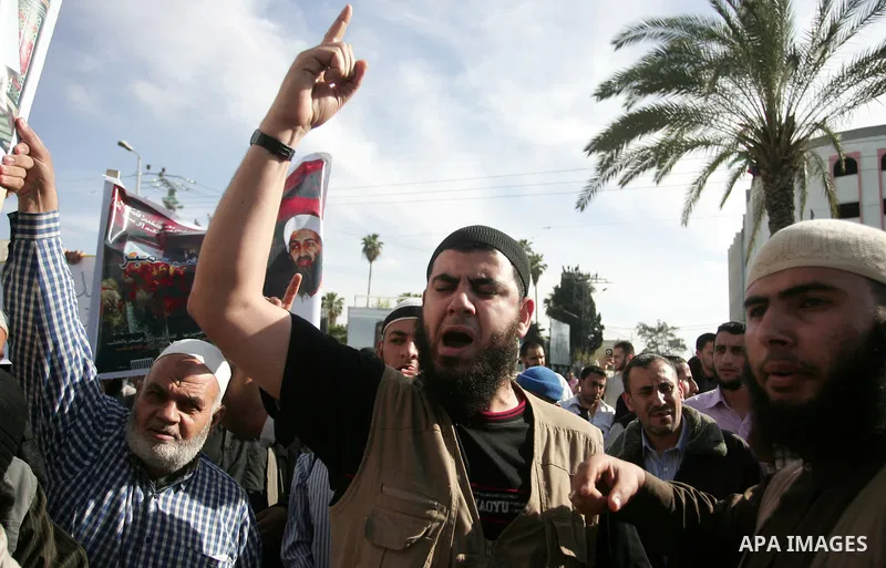 Palestinian Salafist groups shout slogans during a demonstration at Gaza central square, in Gaza city on May 7, 2011 to denounce the killing of late Al-Qaeda chief Osama bin Laden by US forces in Pakistan. Bin Laden was...