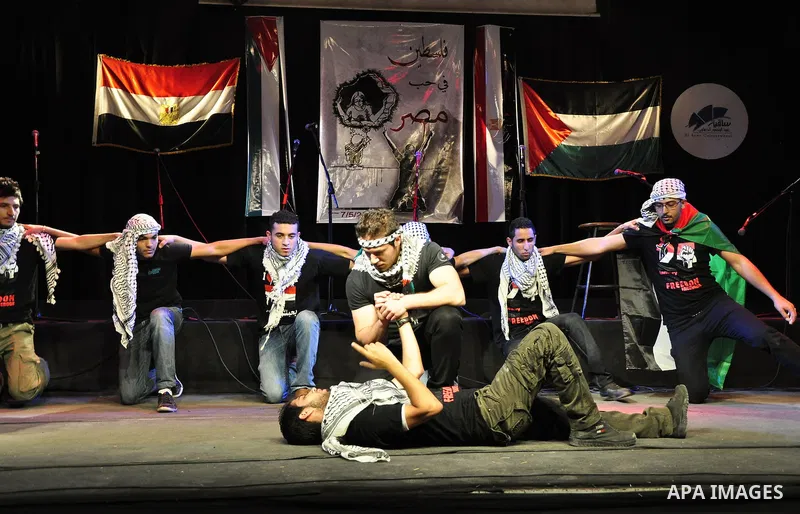 Egyptians and Palestinians gather in celebration To support the third intifada in El- Sawi Hall in Cairo, on May 7, 2011. Photo by Ahmed Asad