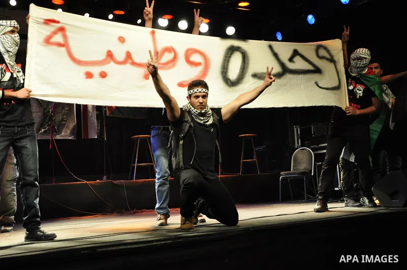 Egyptians and Palestinians gather in celebration To support the third intifada in El- Sawi Hall in Cairo, on May 7, 2011. Photo by Ahmed Asad