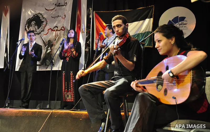 Egyptians and Palestinians gather in celebration To support the third intifada in El- Sawi Hall in Cairo, on May 7, 2011. Photo by Ahmed Asad
