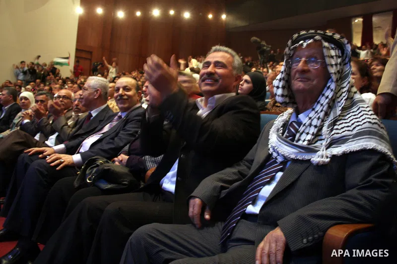 Palestinian revolution poet Ibrahim Abu Saleh ''Abu Arab" participates in a celebration in the West Bank city of Ramallah, Sunday, May 8, 2011 to commemorate the 63rd anniversary of Nakba, or catastrophe, the Arabic term...