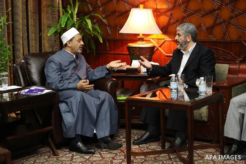 Senior Hamas leader Khaled Mashaal meets with Egyptian Al-Azhar sheikh clergyman, Ahmed al-Taeb in Cairo, Egypt on May 9,2011. Photo by Majd Majd
