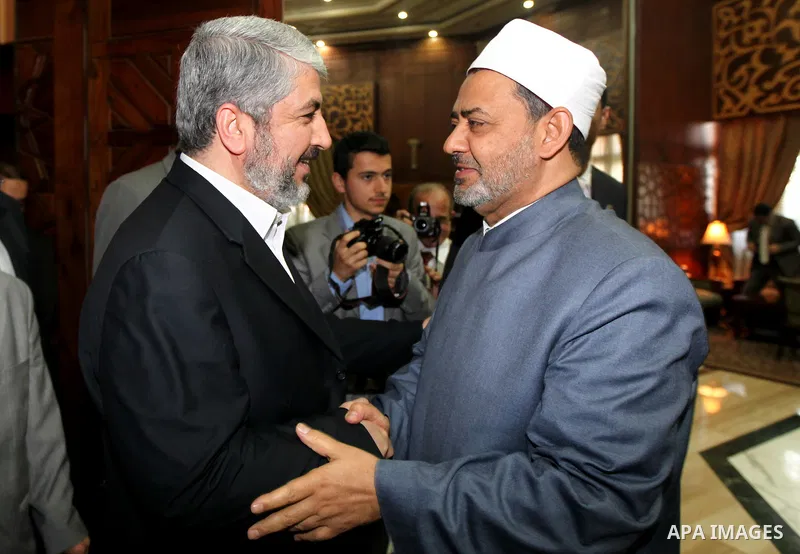 Senior Hamas leader Khaled Mashaal meets with Egyptian Al-Azhar sheikh clergyman, Ahmed al-Taeb in Cairo, Egypt on May 9,2011. Photo by Majd Majd