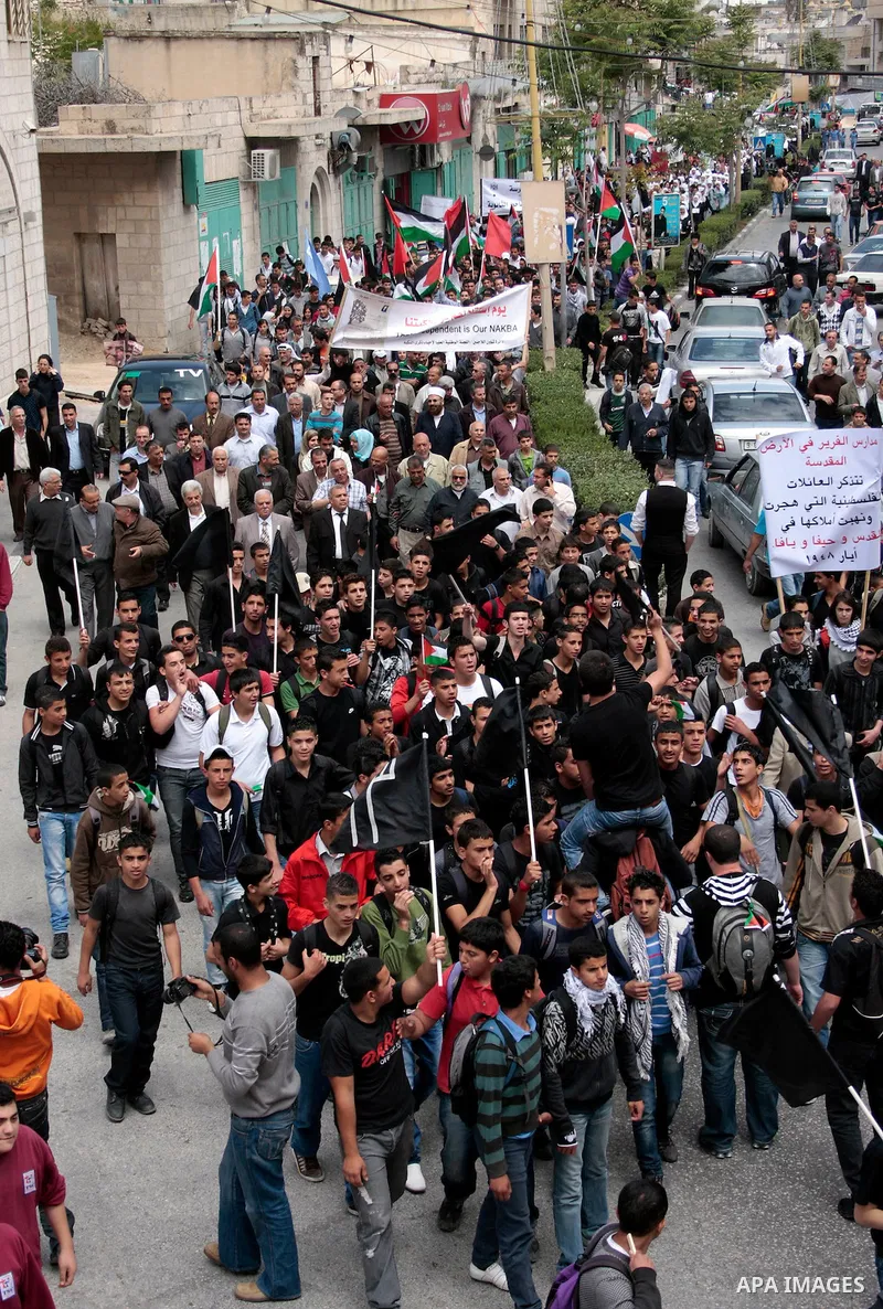 Palestinians take part in a demonstration to mark the 63th anniversary of "Nakba" (catastrophe), in the West Bank city of Bethlehem, on May 12, 2011. Nakba means "catastrophe" in reference to the birth of the state of Is...