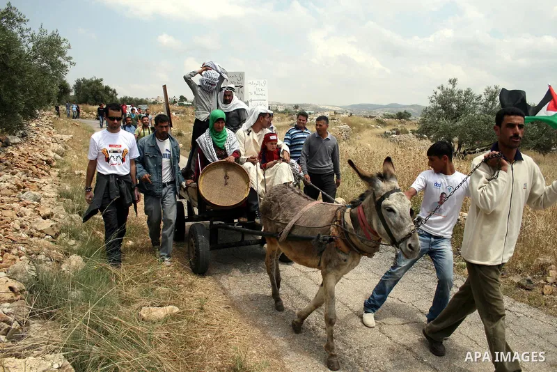 Palestinian protestors ride a donkey during a protest against Israel's controversial separation barrier and to mark the 63th anniversary of "Nakba" (catastrophe) on May 13, 2011in the West Bank village of Bilin. Nakba me...