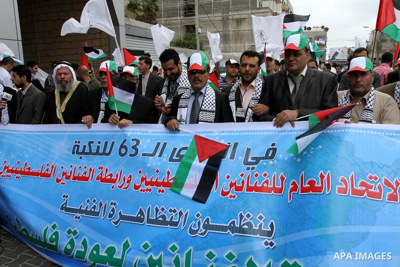Palestinians Artists take part in a demonstration to mark the 63th anniversary of "Nakba" (catastrophe), in Gaza city, on May 14, 2011. Nakba means "catastrophe" in reference to the birth of the state of Israel 63 years...