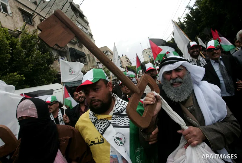 Palestinians Artists take part in a demonstration to mark the 63th anniversary of "Nakba" (catastrophe), in Gaza city, on May 14, 2011. Through the display of theatrical sketch. Nakba means "catastrophe" in reference to...