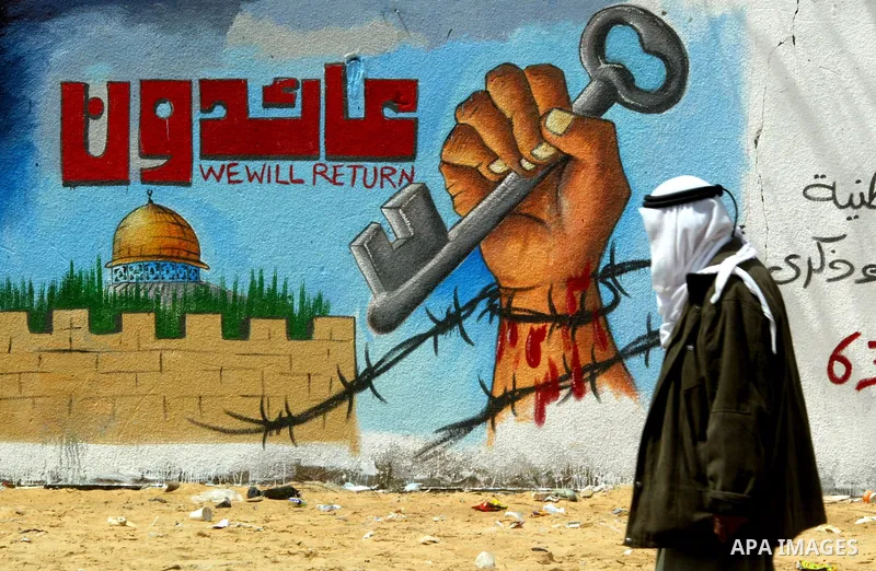A Palestinian man poses in front of a mural painting on the theme of return of refugees to their land in what is now Israel on May 14, 2011 in the southern Gaza Strip refugee camp of Rafah, where Palestinians are marking...