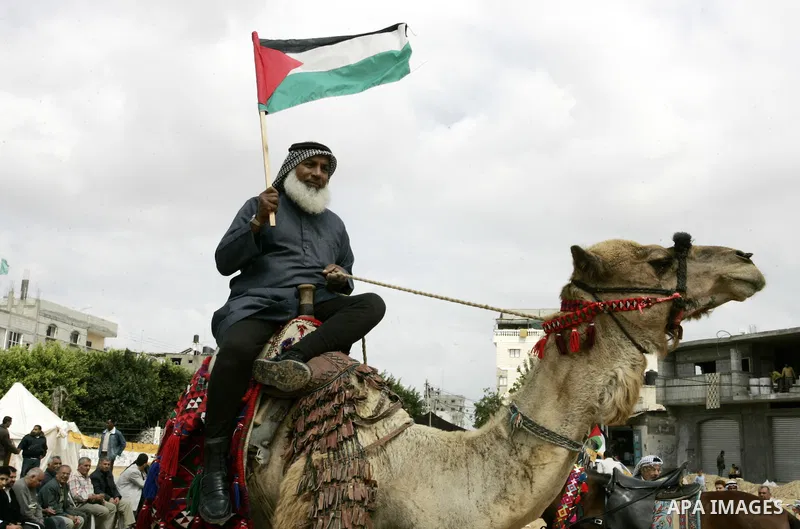 A Palestinian man holds a national flag as he rides a camel at the "Camp of Return" set up on May 14, 2011 in the southern Gaza Strip refugee camp of Rafah, where Palestinians are marking the 63rd anniversary of the 1948...
