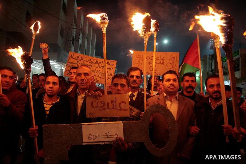 Palestinians take part in a demonstration to mark the 63th anniversary of "Nakba" (catastrophe), in the West Bank city of Hebron on May 14, 2011. to mark the 63rd anniversary of al-Nakba Day when Israeli forces had ouste...