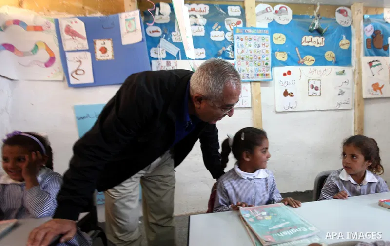 Palestinian Prime Minister, Salam Fayyad during a tour on May 15, 2011 with Ms. Valerie Amos Under-Secretary-General and Emergency Relief Coordinator and Ms. Kristalina Georgieva the EU Commissioner for International Coo...