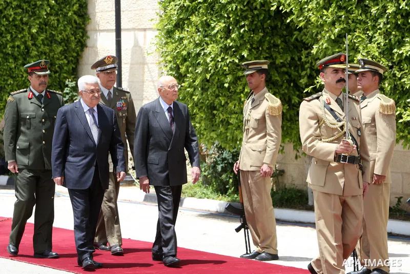 Palestinian President Mahmoud Abbas (Abu Mazen) meets Italy's President Giorgio Napolitano at his office in the biblical town of Bethlehem on May 16, 2011. The Italian president is on a short visit to Israel and the Pale...