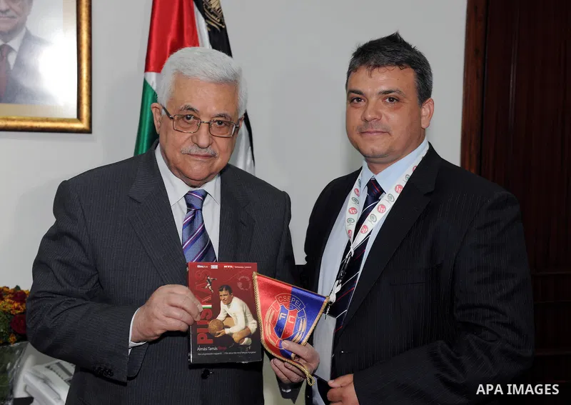 Palestinian President Mahmoud Abbas (Abu Mazen) during a meeting of the Hungary national football team in the West Bank city of Ramallah on May 18, 2011. Photo by Thaer Ganaim