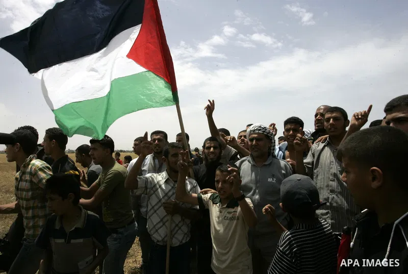 Palestinian youths wave their national flag during a protest near the town of Khan Yunis, close to the border between Israel and the southern Gaza Strip, on May 20, 2011. Photo by Abed Rahim Khatib