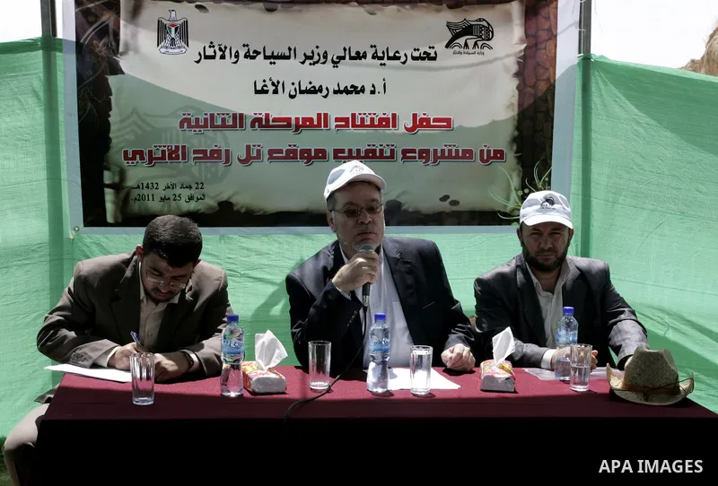 Palestinian tourism and antiquities minister in the Islamist-run government, Mohammed al-Agha attends the openning ceremony of the second stage for searching ancient artifacts recently discovered near the Egyptian border...