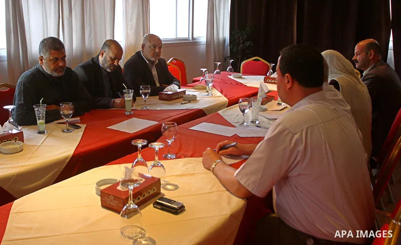 Fatah's commissioner of International relations, meets with Hamas leaders in Gaza City on May 27, 2011 during the former's first visit to the Gaza Strip since the reconciliation agreement between Fatah and Hamas factions...
