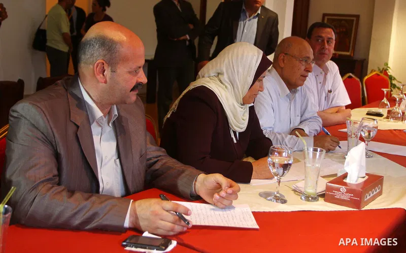 Fatah's commissioner of International relations, meets with Hamas leaders in Gaza City on May 27, 2011 during the former's first visit to the Gaza Strip since the reconciliation agreement between Fatah and Hamas factions...