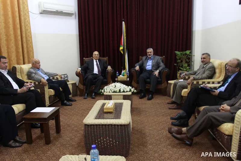 Palestinian Prime Minister in Gaza Strip, Ismail Hanieya meets with Nabil Shaath, Fatah's commissioner of International relations on May 29, 2011 in Gaza City. during the second visit to the Gaza Strip since the reconcil...