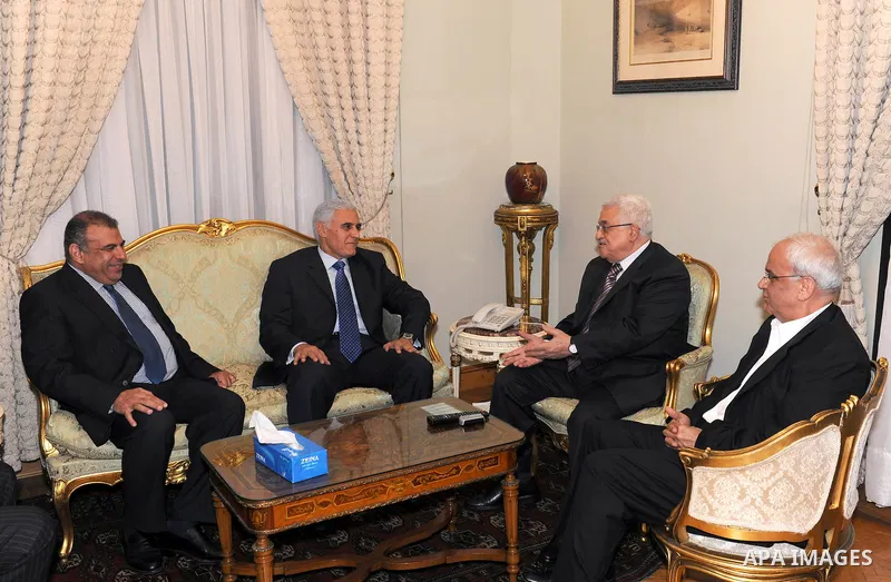 Palestinian President Mahmoud Abbas (Abu Mazen) during a meeting with Egyptian intelligence chief minister Mourad Muwafi, in Cairo on May 29, 2011. Photo by Thaer Ganaim