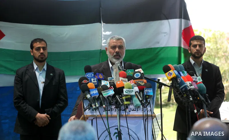 Palestinian Prime Minister in Gaza strip, Ismail Haniya displays a speech in a press conference durring the opening of monument of freedom fleet 1 in the port of Gaza on May 31, 2011. Photo by Mohammed Asad