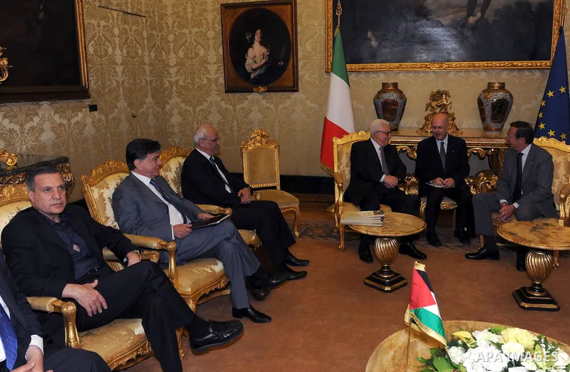 Palestinian President Mahmoud Abbas (Abu Mazen) during a meeting with the President of the Italian parliament, Gianfranco Fini at the headquarters of the Italian Parliament at the Palais des Montisturio in Rome on June 1...