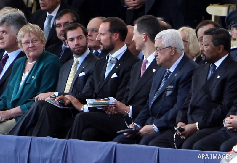 Palestinian president Mahmud Abbas and other heads of states stand in the official tribune during a military parade to mark the anniversary of the founding of the Italian republic in 1946 and the 150th anniversary of Ita...