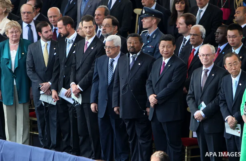 Palestinian president Mahmud Abbas and other heads of states stand in the official tribune during a military parade to mark the anniversary of the founding of the Italian republic in 1946 and the 150th anniversary of Ita...