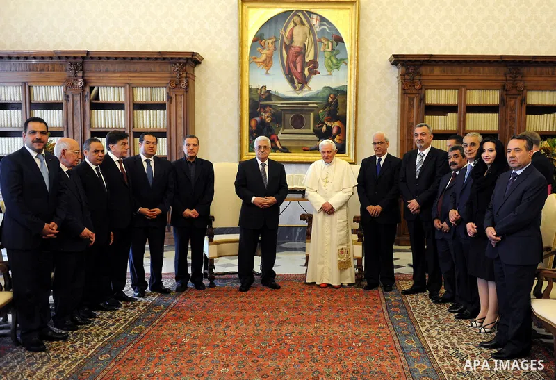 Palestinian President Mahmoud Abbas meets with the Pope Benedict in Rome on June 3,2011. Photo by Thaer Ganaim