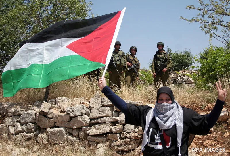 Israeli soldiers stand guard as protesters hold up Palestinian flag during a demonstration by foreign, Israeli and Palestinian activists against the Jewish settlement of Karmei Tzur near the Palestinian village of Beit O...