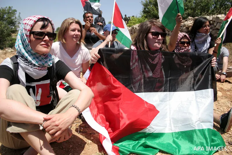 Israeli soldiers stand guard as protesters hold up Palestinian flag during a demonstration by foreign, Israeli and Palestinian activists against the Jewish settlement of Karmei Tzur near the Palestinian village of Beit O...