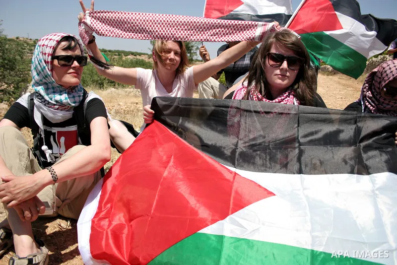 Israeli soldiers stand guard as protesters hold up Palestinian flag during a demonstration by foreign, Israeli and Palestinian activists against the Jewish settlement of Karmei Tzur near the Palestinian village of Beit O...