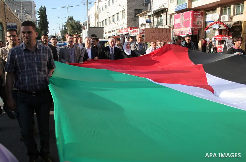 Palestinians hold up Palestinian National flag during a protest to mark the 44th anniversary of 'Naksa,' Arabic for setback, in the West Bank city of Hebron on June 09, 2011, as Palestinian activists in Jerusalem, the We...