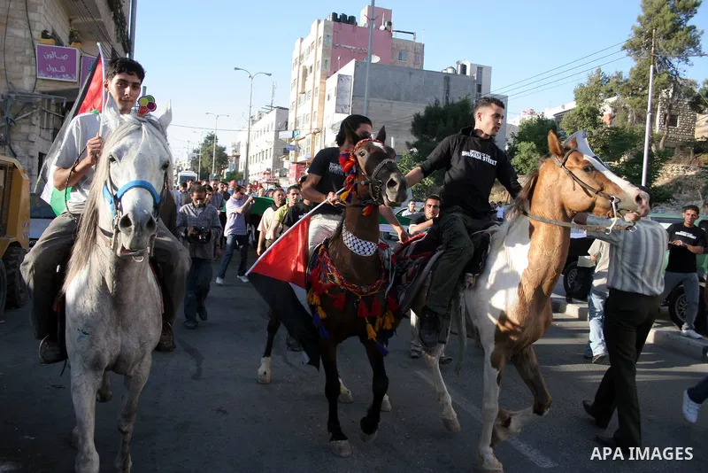 Palestinians hold up Palestinian National flag during a protest to mark the 44th anniversary of 'Naksa,' Arabic for setback, in the West Bank city of Hebron on June 09, 2011, as Palestinian activists in Jerusalem, the We...