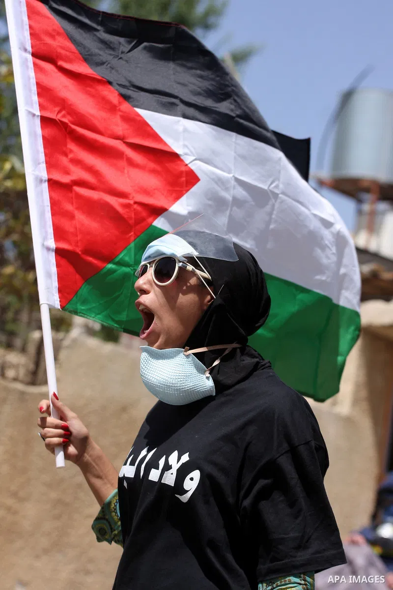 A demonstrator holds a Palestinian flag during a protest against the expropriation of Palestinian land, in the village of Nabi Saleh, in the Israeli-occupied West Bank, on June 10, 2011. Photo by Issam Rimawi