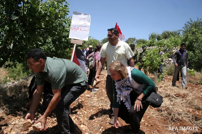 Palestinian, Israeli and foreign activists, during a demonstration against the destroy of farm lands used in the construction of Jewish settlements near the existing Israeli settlement of Karmi Tsor, near the Palestinian...