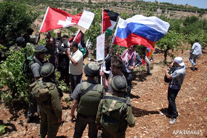 Israeli soldiers stand guard during a demonstration by Palestinian, Israeli and foreign activists against the destroy of farm lands used in the construction of Jewish settlements near the existing Israeli settlement of K...