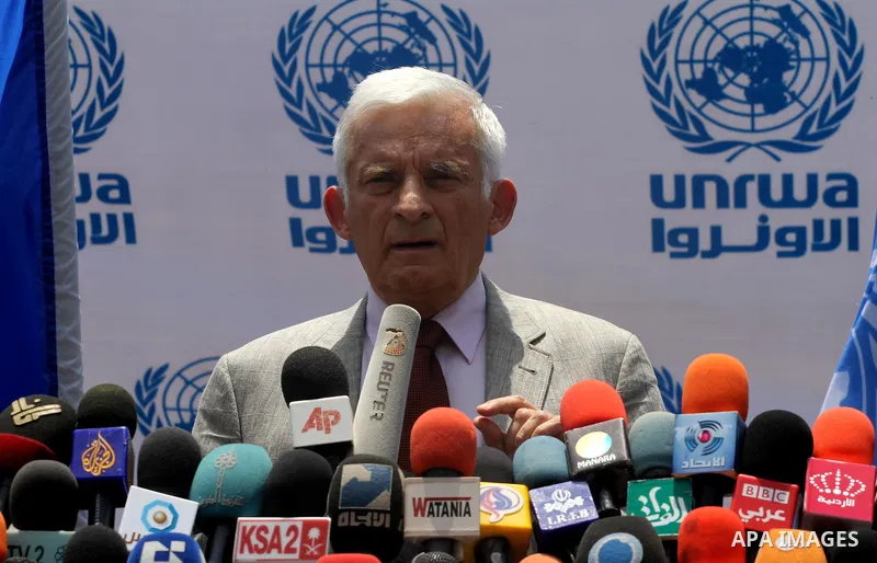 European Parliament President Jerzy Buzek delivers speech during a press conference at UNRWA headquarters in Gaza City on June 13, 2011 . Photo by Mohammed Asad