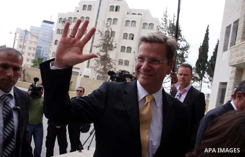 German Foreign Minister Guido Westerwelle meets with Palestinian prime minister Salam Fayyad in the West Bank city of Ramallah during an official visit on June 14, 2011. Photo by Issam Rimawi