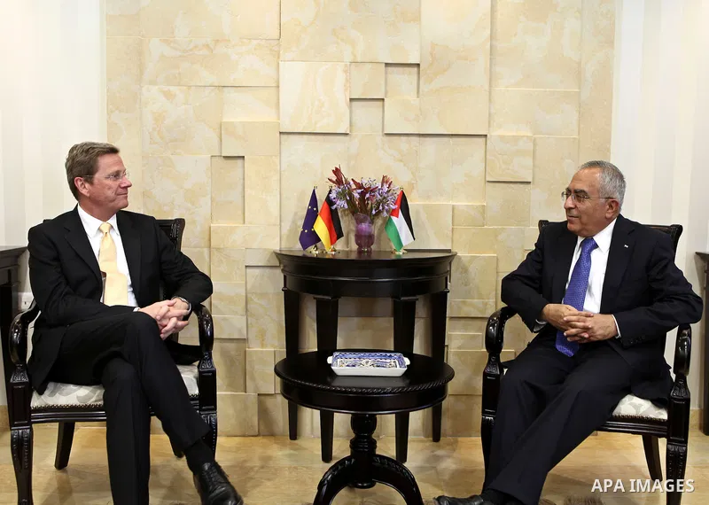 German Foreign Minister Guido Westerwelle meets with Palestinian prime minister Salam Fayyad in the West Bank city of Ramallah during an official visit on June 14, 2011. Photo by Mustafa Abu Dayeh