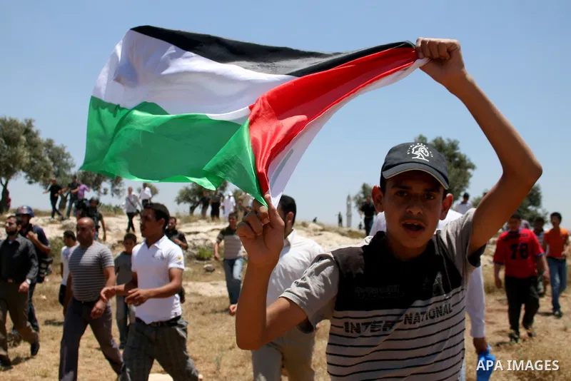 Palestinians from the village of Deir Qadis near Ramallah try to prevent Israeli bulldozers from progressing towards their land during a demonstration against the expansion of nearby settlements on June 15, 2011, in the...