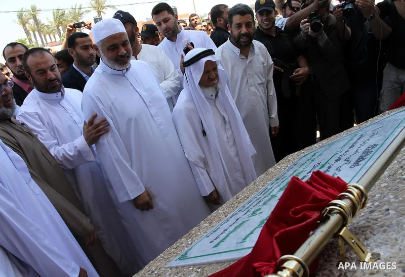Palestinian Prime Minister in Gaza Strip, Ismail Haniya attends the opening of a new constructed mosque in the former Israeli settlement of Nate Sarim which was dismantled in 2005, close to Gaza city on Jun 17, 2011 . Ph...