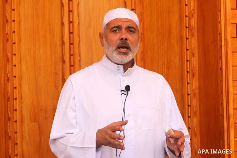 Palestinian Prime Minister in Gaza Strip, Ismail Haniya delivers speech during Friday prayers at a new constructed mosque in the former Israeli settlement of Nate Sarim which was dismantled in 2005, close to Gaza city on...