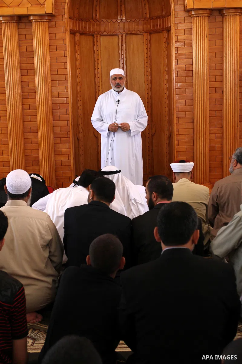 Palestinian Prime Minister in Gaza Strip, Ismail Haniya delivers speech during Friday prayers at a new constructed mosque in the former Israeli settlement of Nate Sarim which was dismantled in 2005, close to Gaza city on...