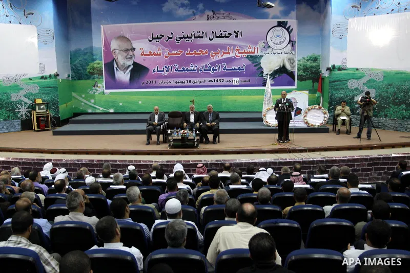 Palestinian Prime Minister in Gaza, Ismail Haniya during the memorial service of Mohammed Shama`, a leader of the Brotherhood and one of the founders of Hamas in the Islamic University in Gaza City on June 18, 2011. Phot...