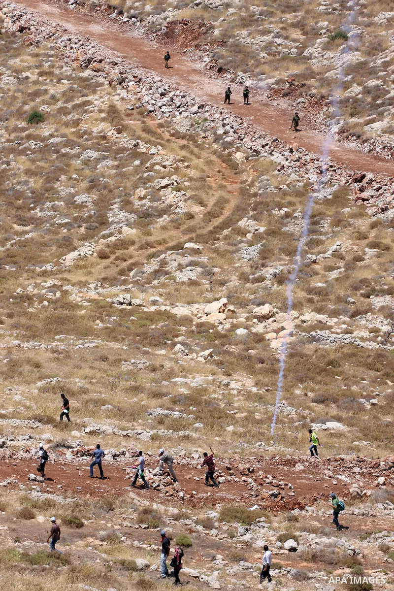 Palestinian protesters clash with Israeli border police officers during minor clashes at a protest against the expansion of a nearby Jewish settlement, in the West Bank village of Deir Qadis, near Ramallah June 19, 2011....