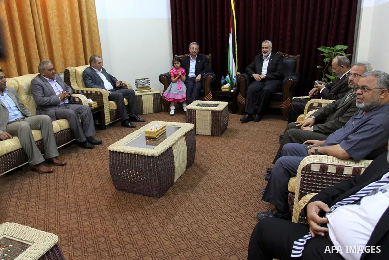 Palestinian Prime Minister in Gaza, Ismail Haniya during a meeting with the head of Palestinian National Initiative movement Mustafa Al-Barghuti in Gaza city on June 19, 2011. Photo by Mohammed Asad