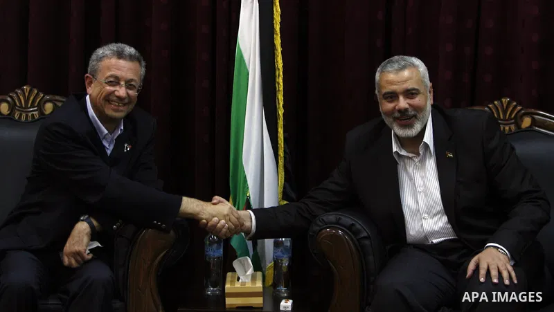 Palestinian Prime Minister in Gaza, Ismail Haniya during a meeting with the head of Palestinian National Initiative movement Mustafa Al-Barghuti in Gaza city on June 19, 2011. Photo by Ali Jadallah
