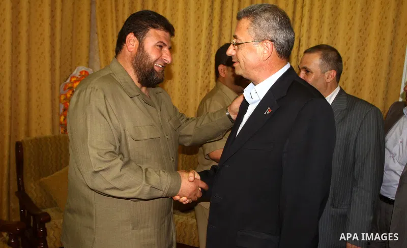 The head of Palestinian National Initiative movement Mustafa Al-Barghuti during a meeting with the head secretary general of the Popular Resistance Movement, Zakareya Doghmush in Gaza city on June 20, 2011. Photo by Ashr...